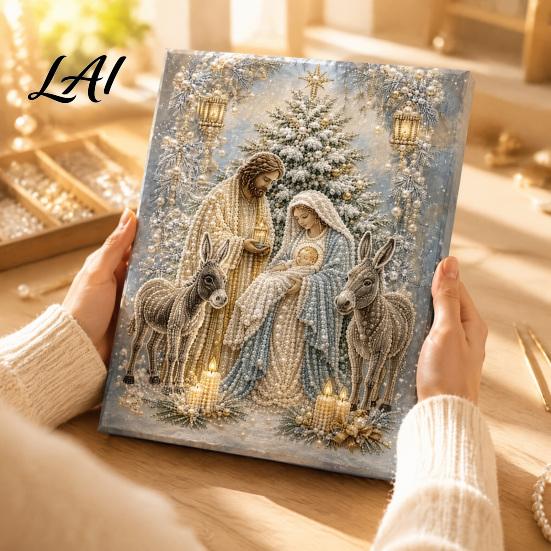 Holiday Gift Ideas for Family Nativity Faux Pearl Art Kit Holy Painting DIY Catholic Prayer Corner Decorations 3D Religious Craft Set Adults