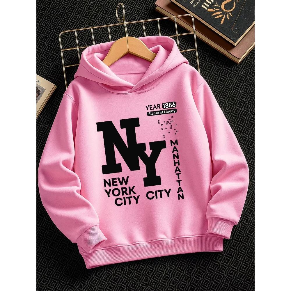 Retro New York City Kids Hoodie Manhattan Text Print Pullover Autumn Winter Fleece Warm Street Style Children Hooded Sweatshirt