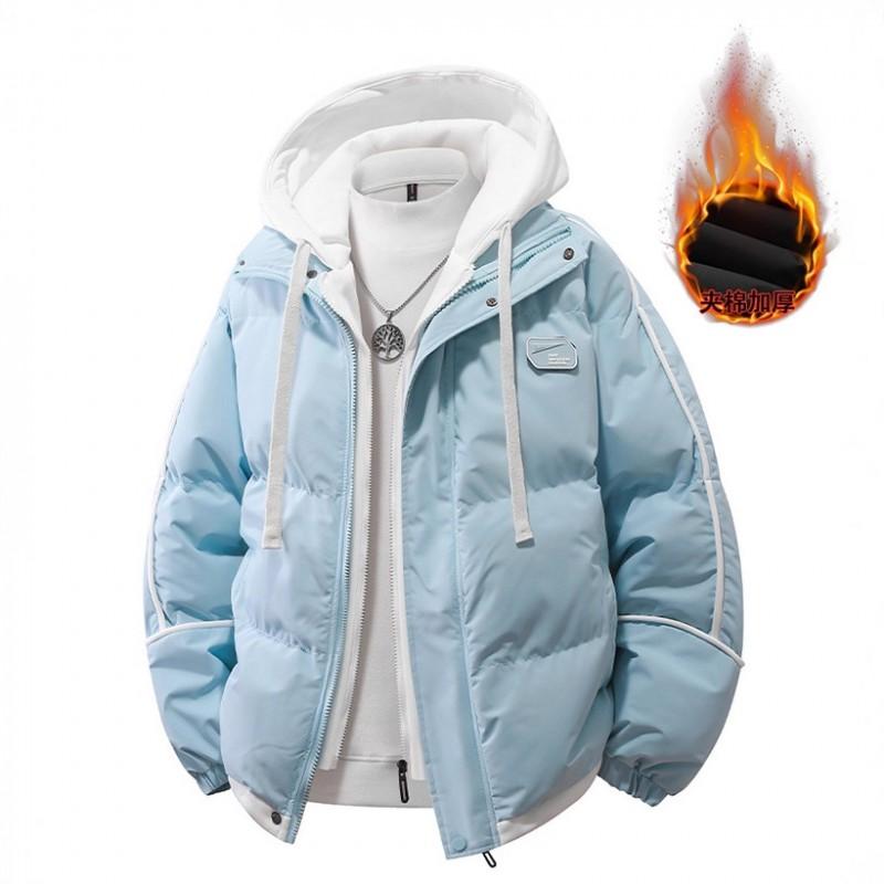 Winter Thickened Warm Bread Couple Jacket False Two Pieces Hooded Cotton Coat Young Trend