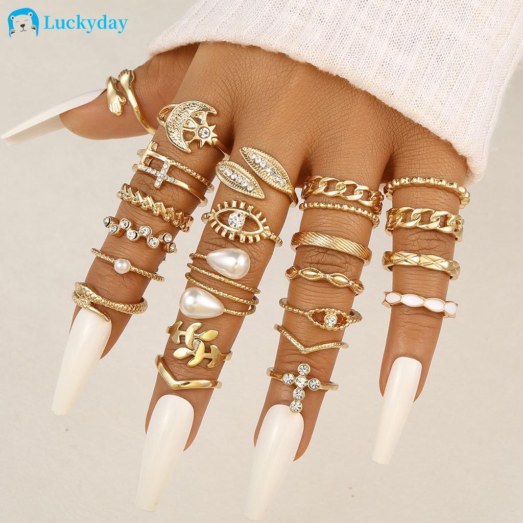 iF ME 22Pcs/set Retro Crystal Moon Eye Cross Ring Set Snake Gold Artificial Pearls Rings for Women Jewelry Accessories