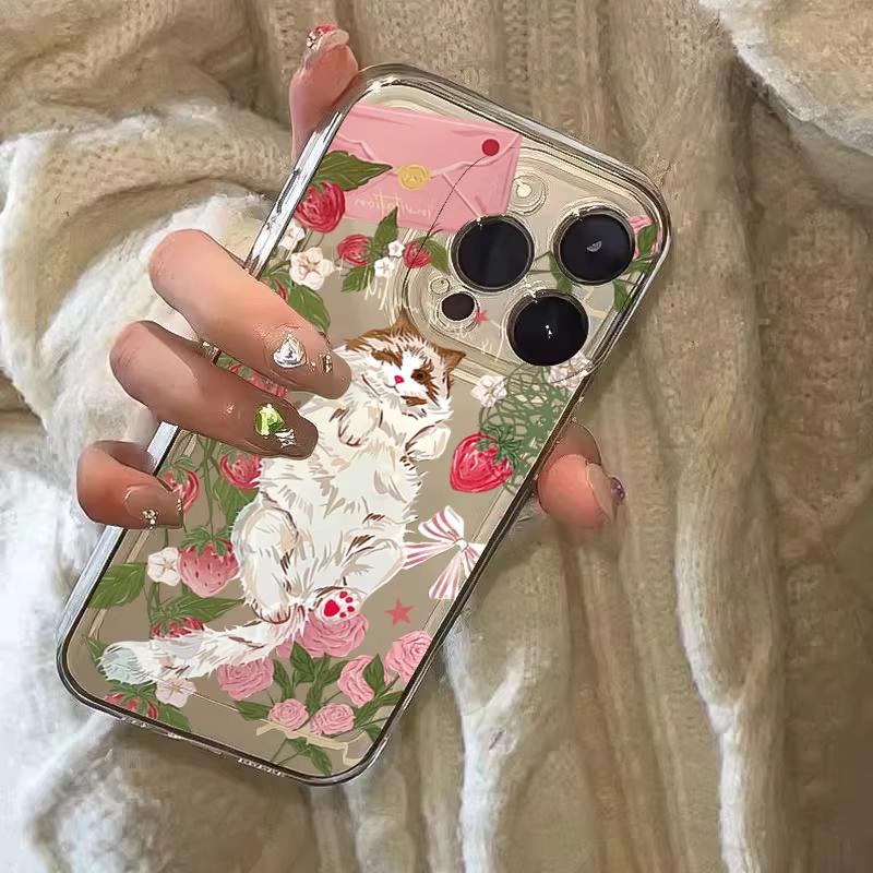 Корейский Чехол для Телефона с Рисунком Кота и Клубничным Цветком Для Samsung Galaxy A14 A15 S21 S22 S23 S24 FE Plus Ultra A25 A35 A52 A53 A54 A55