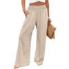 Summer Cotton Linen Wide Leg Pants Women Loose Palazzo Pant Pocket Elastic Waist Casual Pants