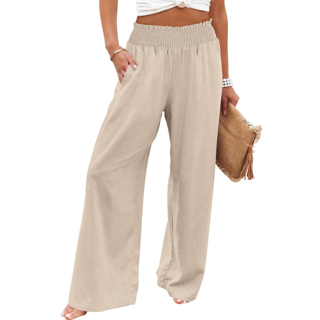 Summer Cotton Linen Wide Leg Pants Women Loose Palazzo Pant Pocket Elastic Waist Casual Pants
