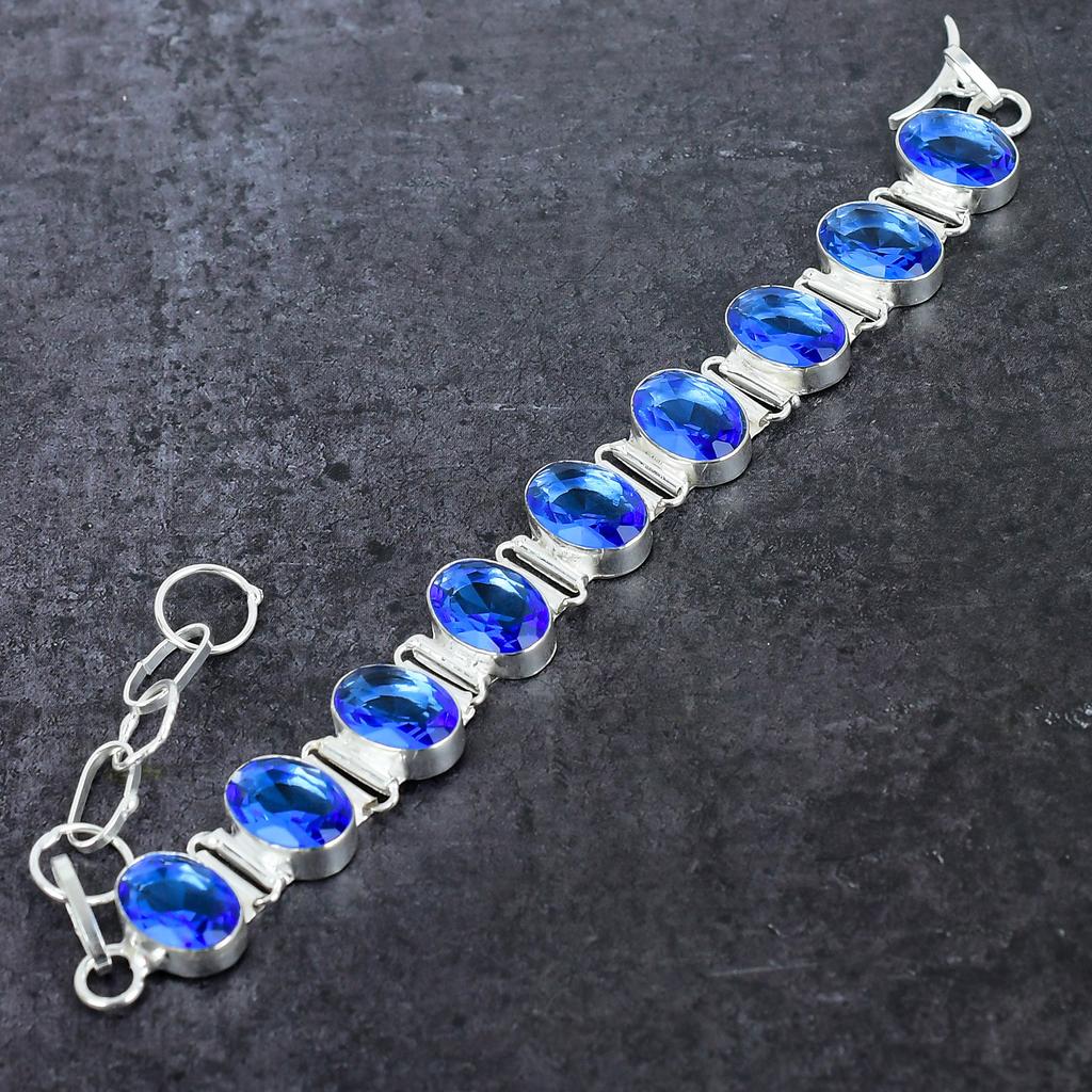 Браслет ручной работы из серебра 925 пробы с голубым топазом Swiss Blue Topaz Gemstone 7-8 дюймов K0A51