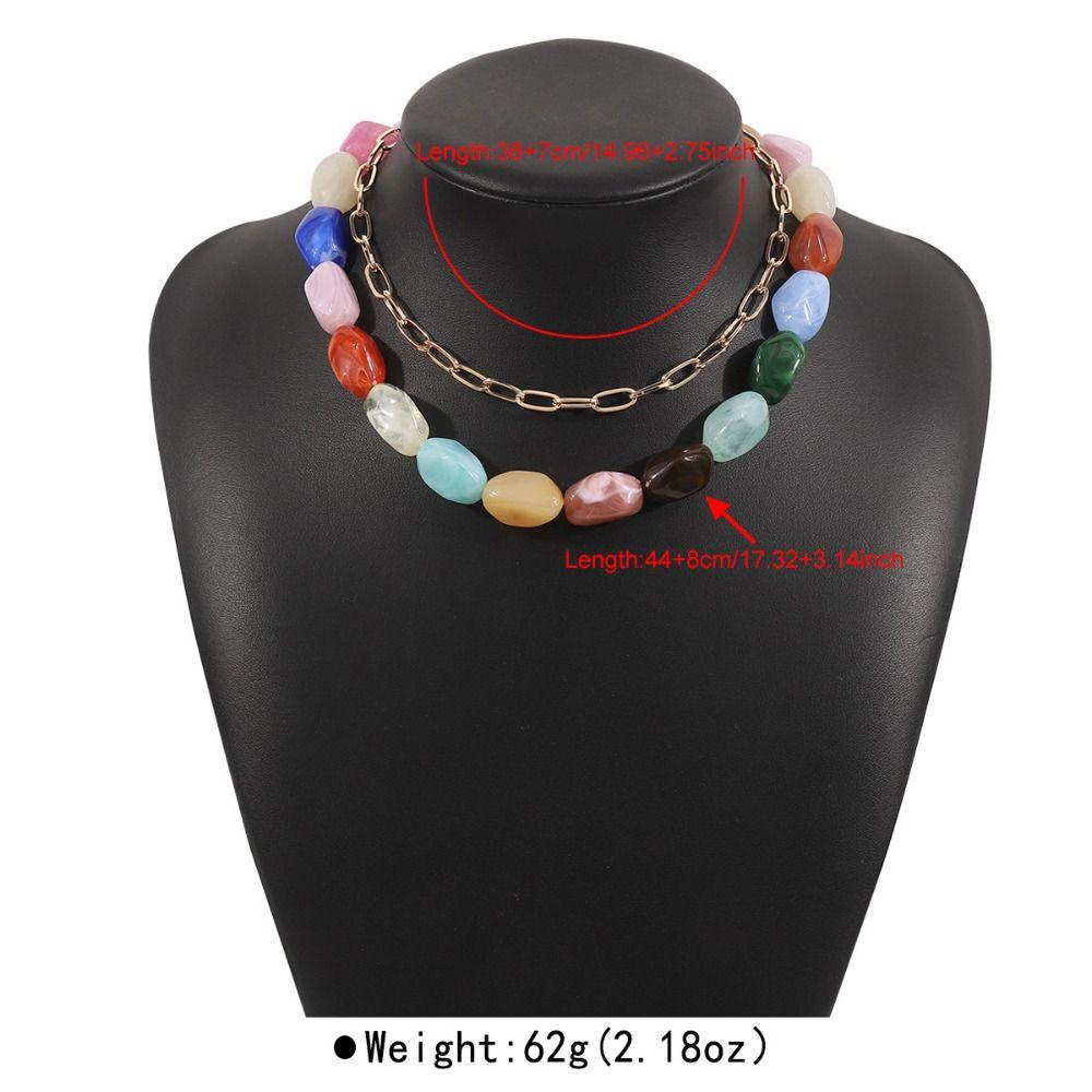 2Pcs/Set Stone Colorful Resin Necklace Multilayer Clavicle Chain Stone Beads Short Choker  Women