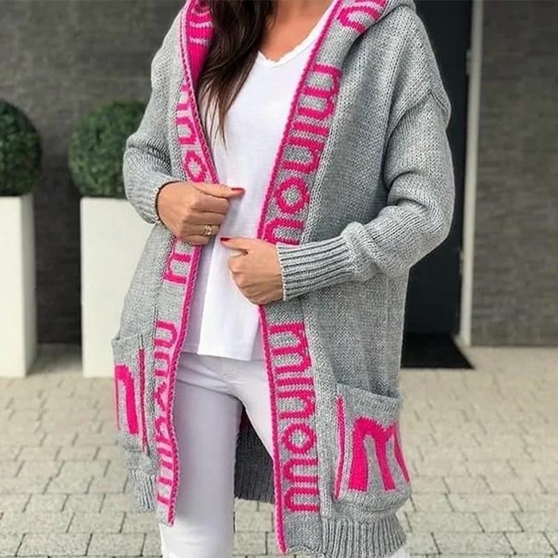 Длинный кардиган с капюшоном и монограммой, женский свитер, вязаное пальто