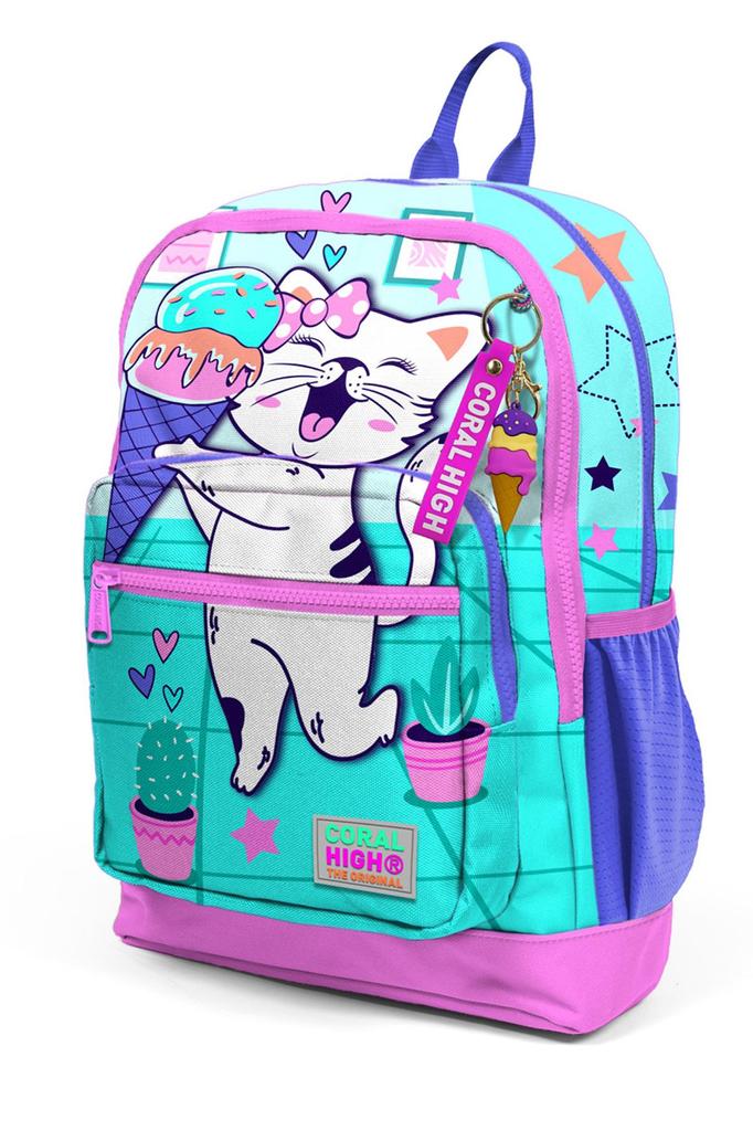 coral high Детский школьный рюкзак бирюзово-розового цвета с мороженым и котом 23751
