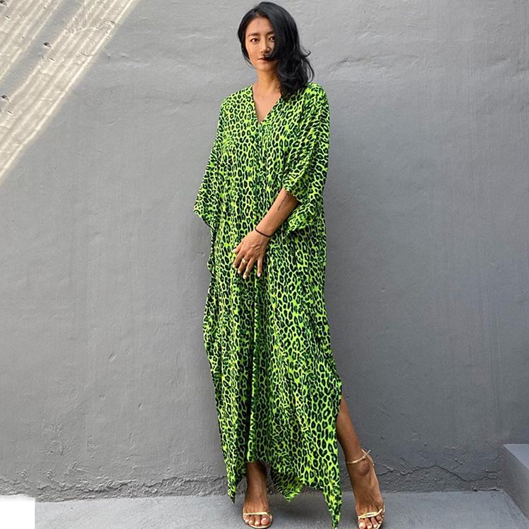 2021 European & American Leopard Print Rayon Beach Cover-up Robe with Belt