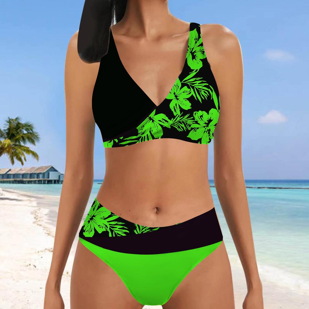 Women's Halter Two Colored Flowers Print Bikini Tankini Swimsuit