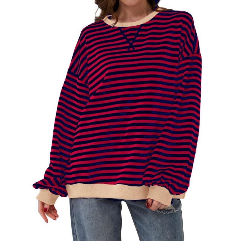 Женская осенне-зимняя полосатая толстовка с круглым воротником Color Collision Loose с длинным рукавом