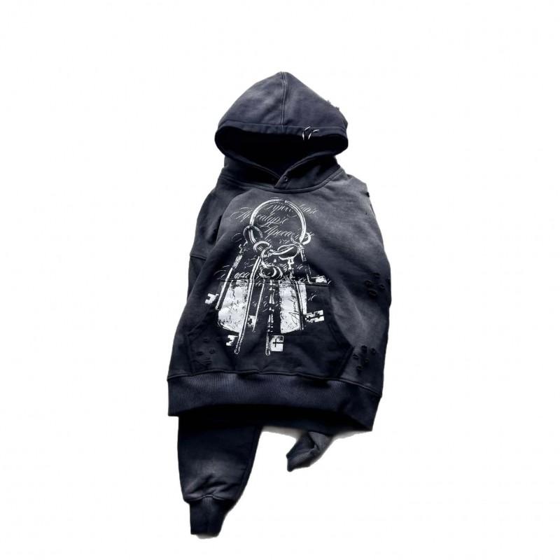 Mens Gothic Wasteland Streetwear Hoodie Distressed Vintage Key Print Loose Fit Casual Sweatshirt