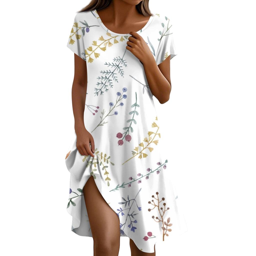 Short Sleeve Boho Dress For Women Casual Loose Fit Summer Sundress Floral Print Dress With Pockets