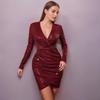 Red Sequin V-neck Evening Party Dress with Regular Sleeves