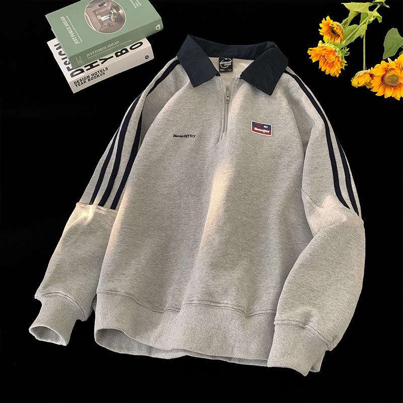 Мужской японский ретро серый поло-свитшот на молнии до половины - Куртка с длинным рукавом на весну/осень