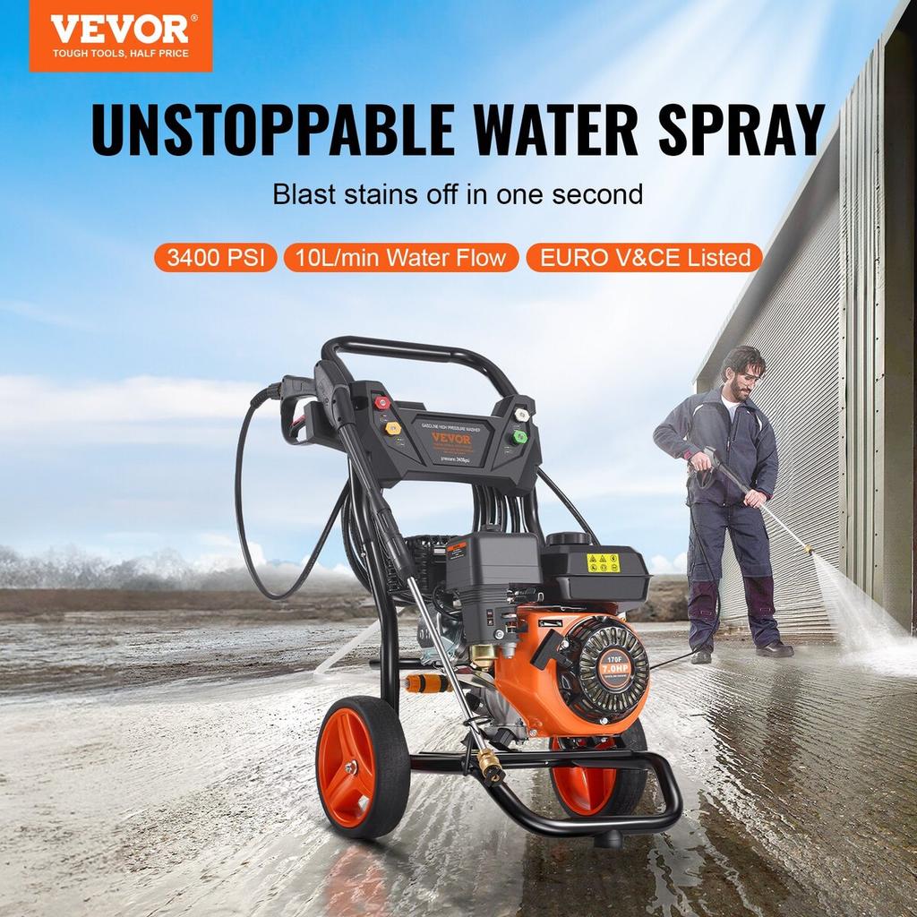 Gas Pressure Washer 3400 PSI 2.6 GPM with 5 Nozzle Set for Cars Vertical