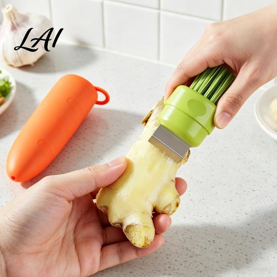 Portable Carrot Shape Peeler 3-in-1 Garlic Peeler Vegetable Ginger Efficient Food Processing Tool Scrubber with Brush Multi-Functional Kitchen