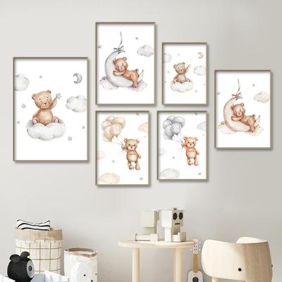 Милый медведь холст живопись радужная луна постер облачный воздушный шар настенное искусство постеры для детской комнаты декор печать на холсте картина