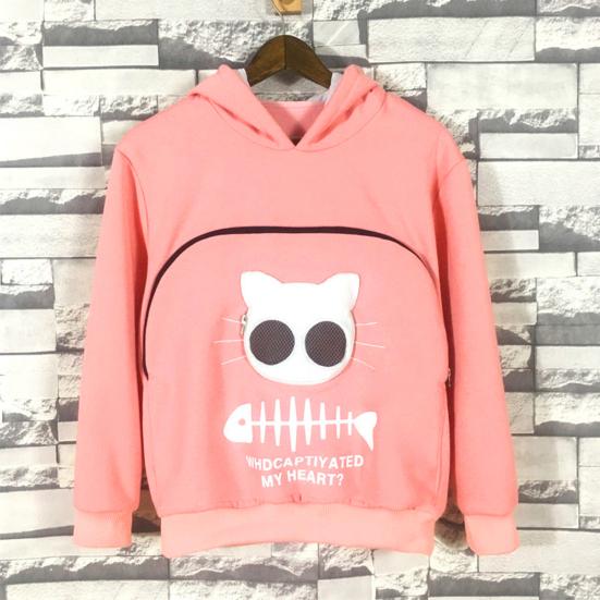 Women Spring Hoodie with Cat Nest Cartoon Print Big Zipper Pocket Hooded Long Sleeves Keep Warm Pullover Elastic Cuff Lady Hoodie Women Garment