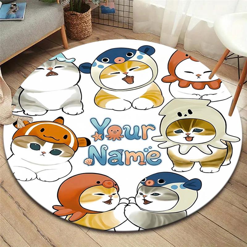 Bee Strawberry Cats Custom Name Round Area Rug Carpet Rug For Living Room Bedroom Sofa Playroom Decor Nonslip Floor Mat