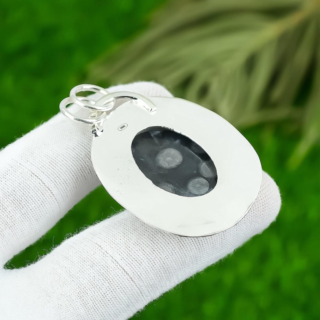 Natural Black Fossil Coral Gemstone 925 Sterling Silver Pendant For Women