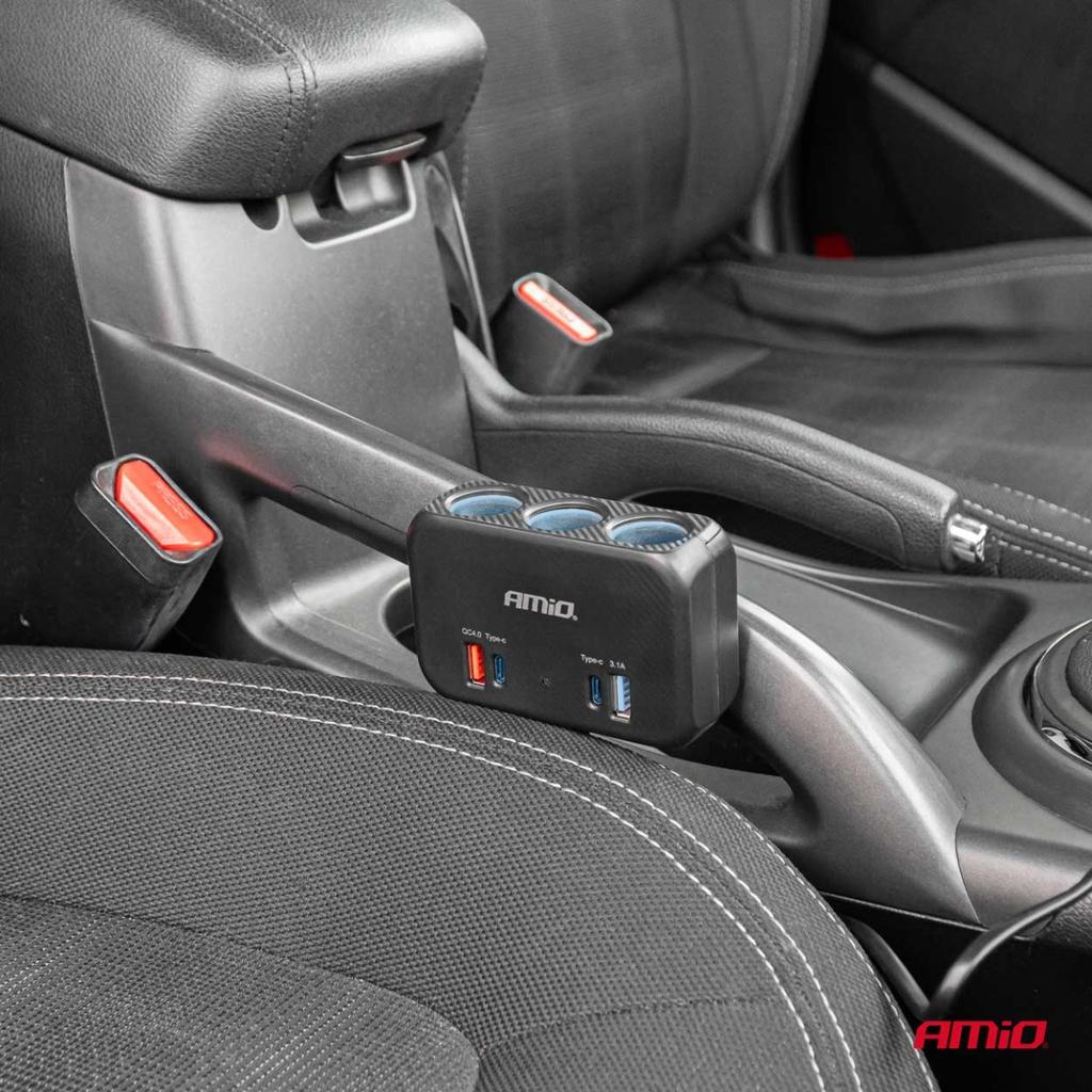 Cigarette lighter socket splitter with charger 1x USB-A 1x USB-C QC4.0 12V 24V 120W 80cm AMIO-04365