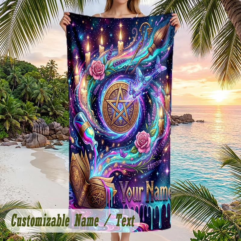 Witchcraft Theme Beach Towel Personalized Custom Name & Text Soft Quick Dry Beach Towel for Swimming Travel