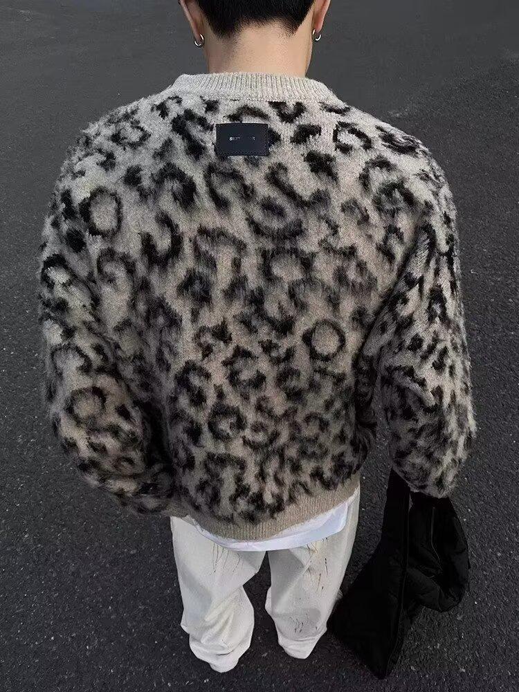 Мужской ретро-свитер с леопардовым принтом - Высококачественный вязаный свитер в стиле колор-блок