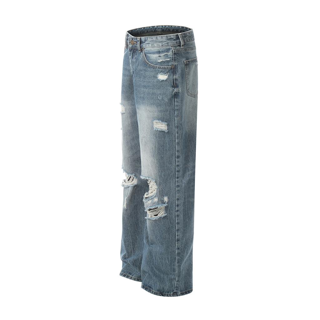 Tide brand American washed erosive ripped blue jeans straight men's tide vibe trousers