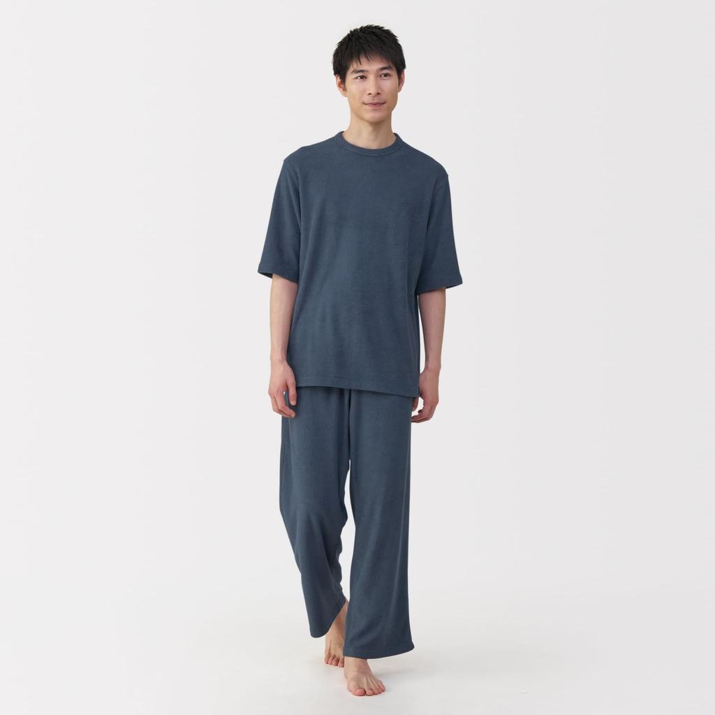 MUJI Домашняя одежда, которую можно носить, Размер L, Мужская, Полотенце, Двусторонняя плитка, Комплект с полурукавом, Темно-синий, (FB0ZGA5A)