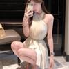 New Arrivals Open Run Women Party Dress Chiffon Shirring Waist Tie Halter Neck