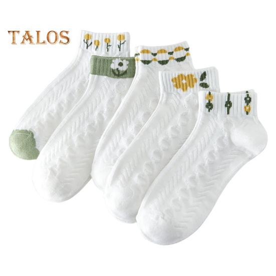 5 Pairs Women Socks Refreshing Flower Prints Mid-tube Shallow-cut High Elasticity Soft Breathable Sweat Absorption Anti-slip Girls Daily Sports Socks