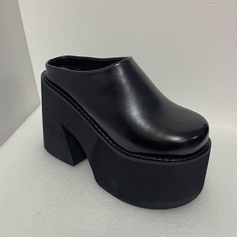 Summer Trendy Platform Mules Shoes For Women Genuine Leather Rivet Slip-on Punk Chunky Heels Women Flat Pumps