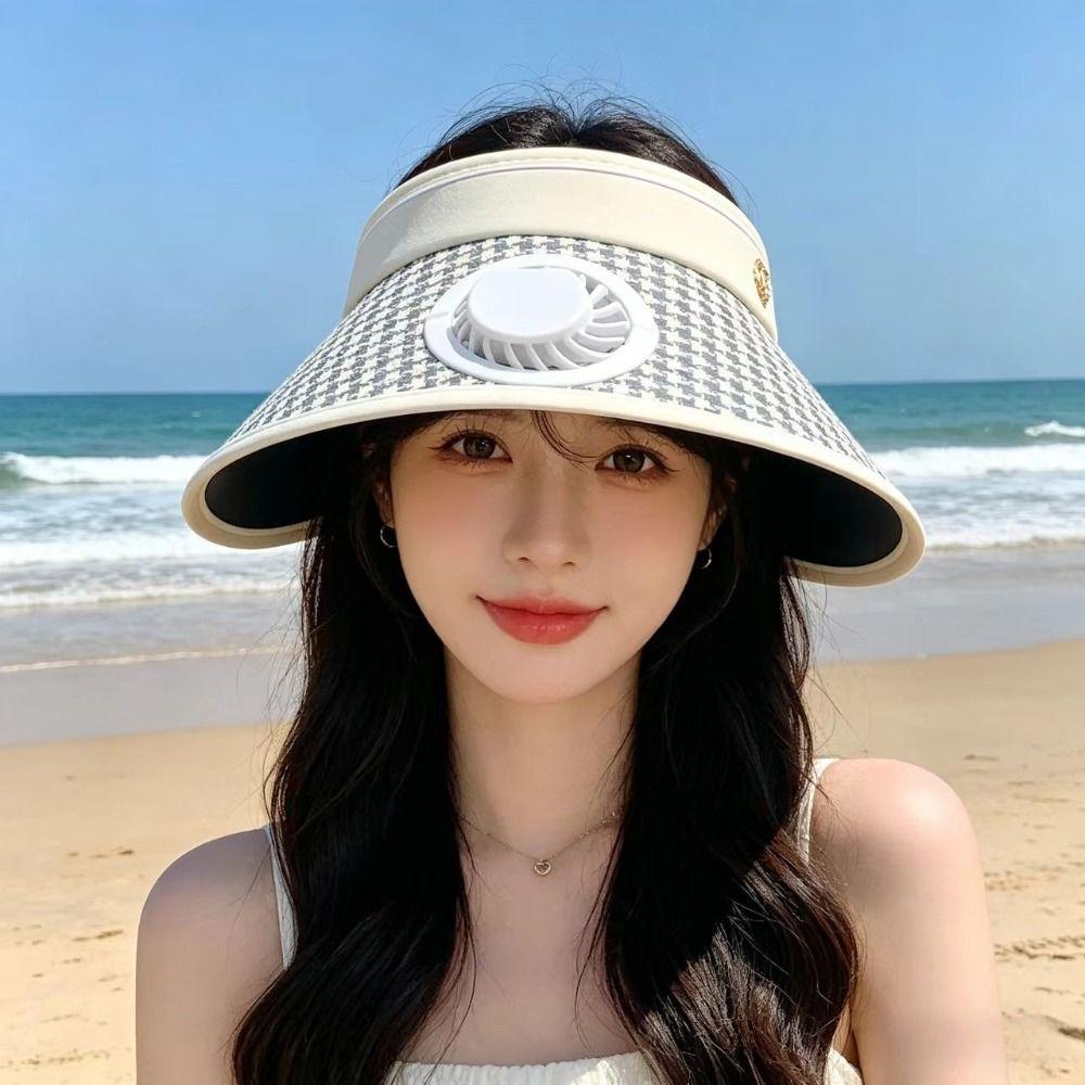 Breathable Sun Hat with Fan Wide Brim Summer Fan Visor Cap Sunscreen Empty Top Hat  Hot Weather