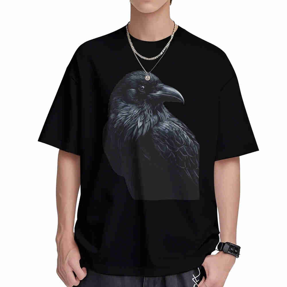 Raven Detailed Feathers Sharp Beak Short Sleeve Tee 100% Cotton T-Shirt