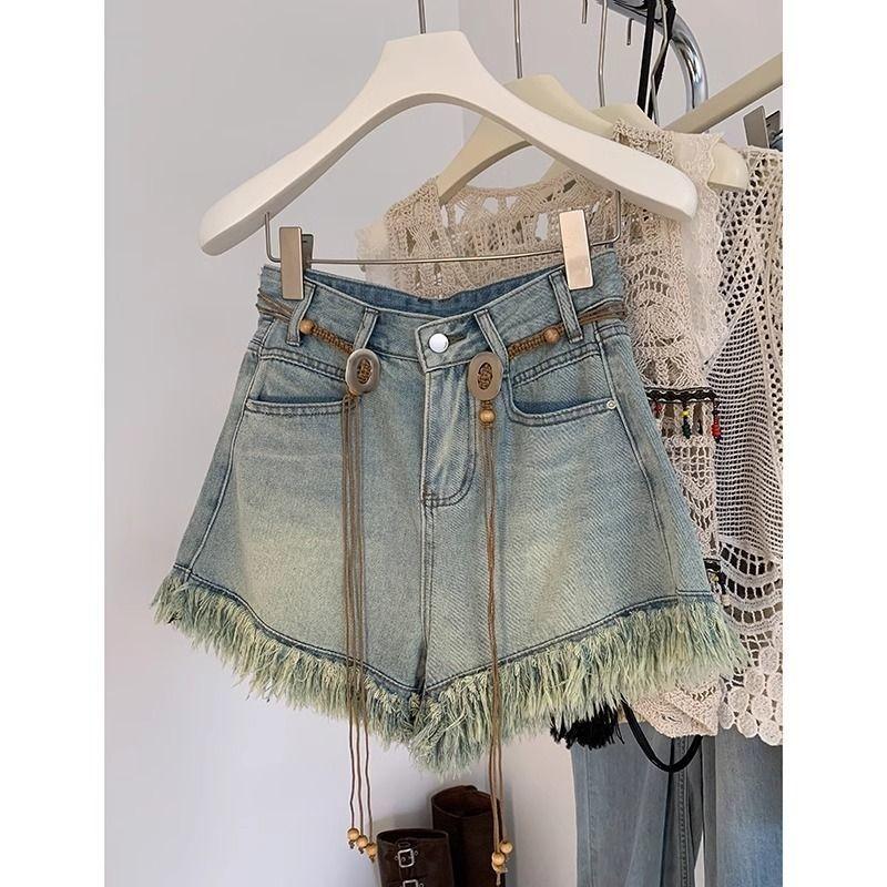Tassel Fringed Denim Shorts for Women High Waist Thin Wide Leg A-line Half Pants Solid Color Sexy Style Ladies' Clothing
