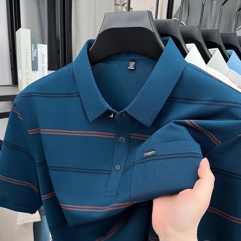 Поло с отложным воротником в полоску, короткий рукав, летнее, свободного кроя, Business Casual, топ, футболка-поло