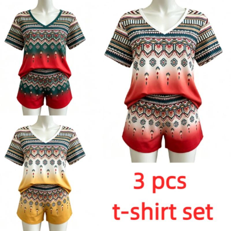 Summer Fashion Ethnic Geometric Patterns Printed V Neck Short Sleeved T-Shirt And Shorts Set Women's and Men's T-shirt Shorts Set