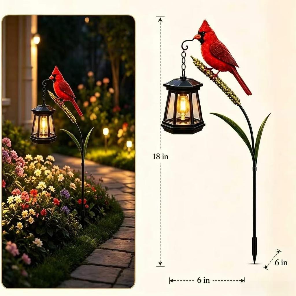 Solar Powered Cardinal Garden Stake Light Rustproof Iron Red Bird Lantern, Waterproof Outdoor Solar Lamp for Yard, Lawn, Flower Bed & Walkway