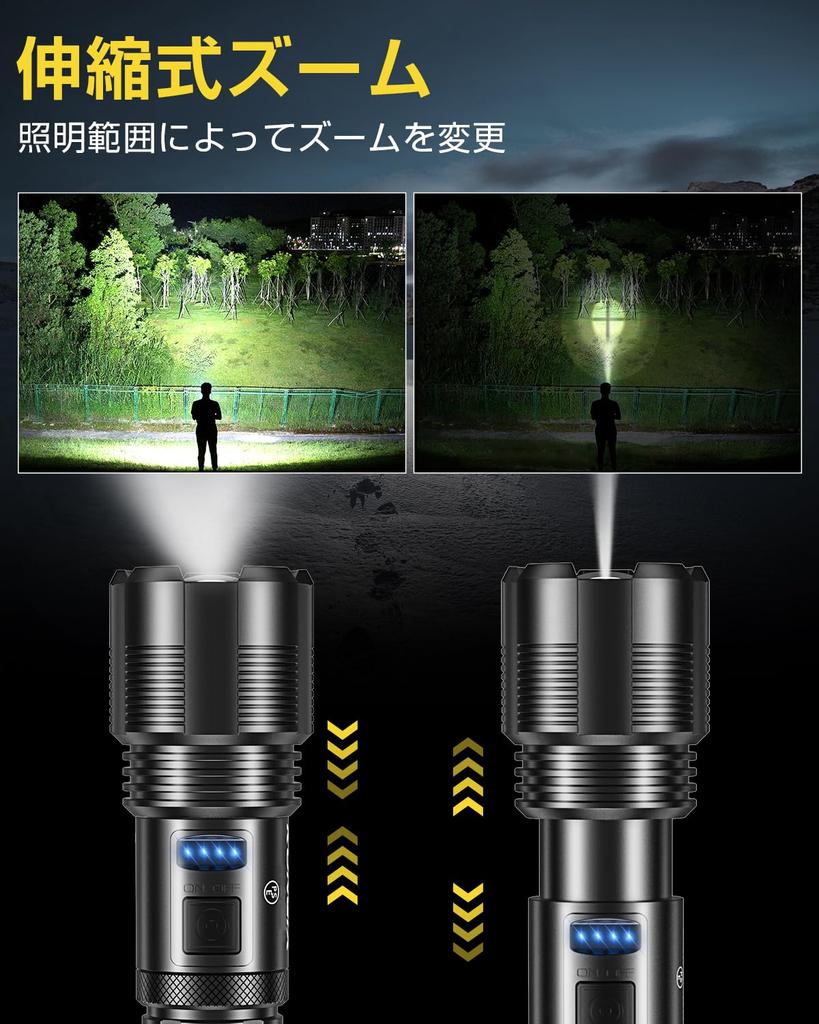 Powerful Flashlight with USB 5 Dimming IP54 Waterproof and Zoom Remaining Battery Power Aluminum Alloy 18650 Battery Battery Ideal for Mountain Night