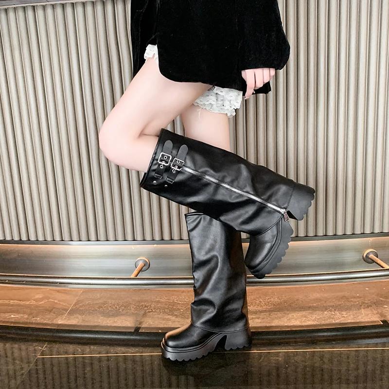 Fashion 2025 New Autumn Winter Chunky Women Knight High Boots Fashion Platform Flats Trouser Long Booties Female Western Cowboy Shoes