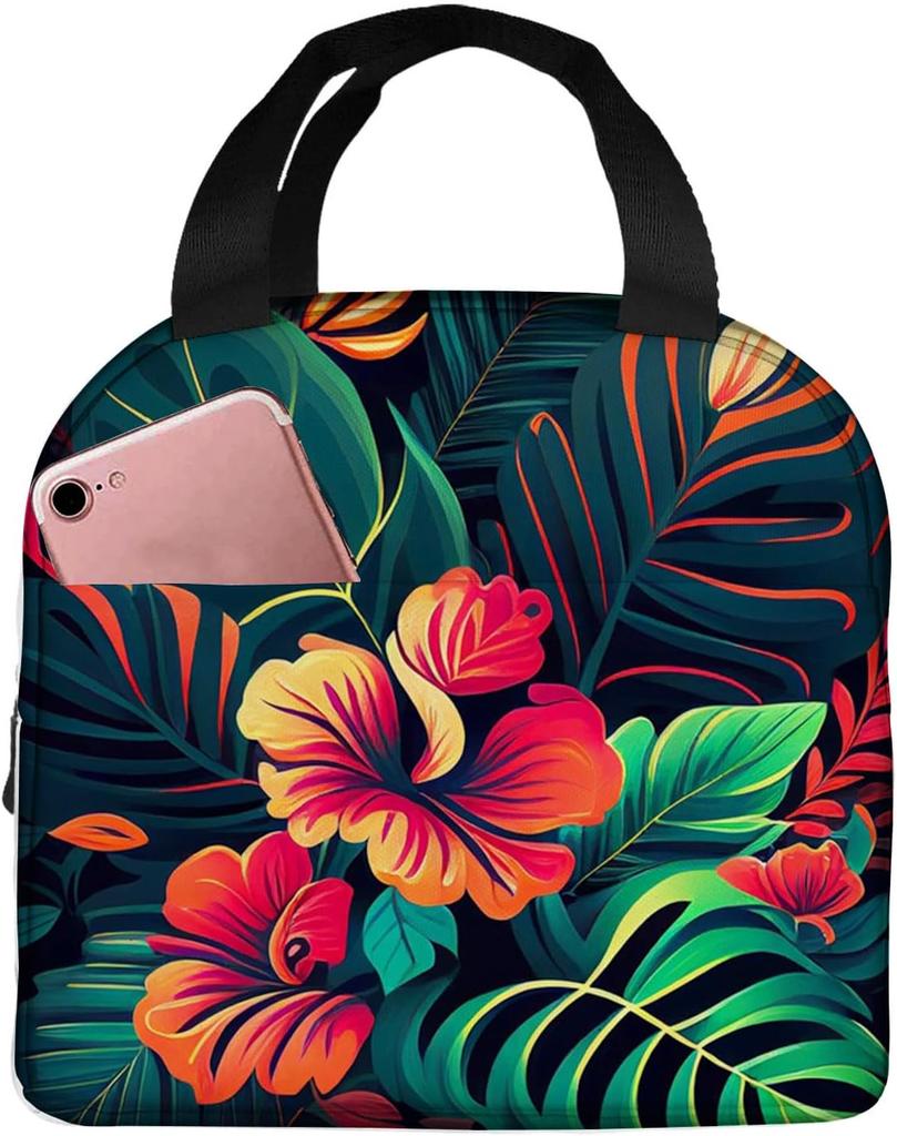 Hawaiian Pattern Flower Portable Lunch Bag Insulated Cooler Tote Box for Travel Picnic Work One Size for Men Women