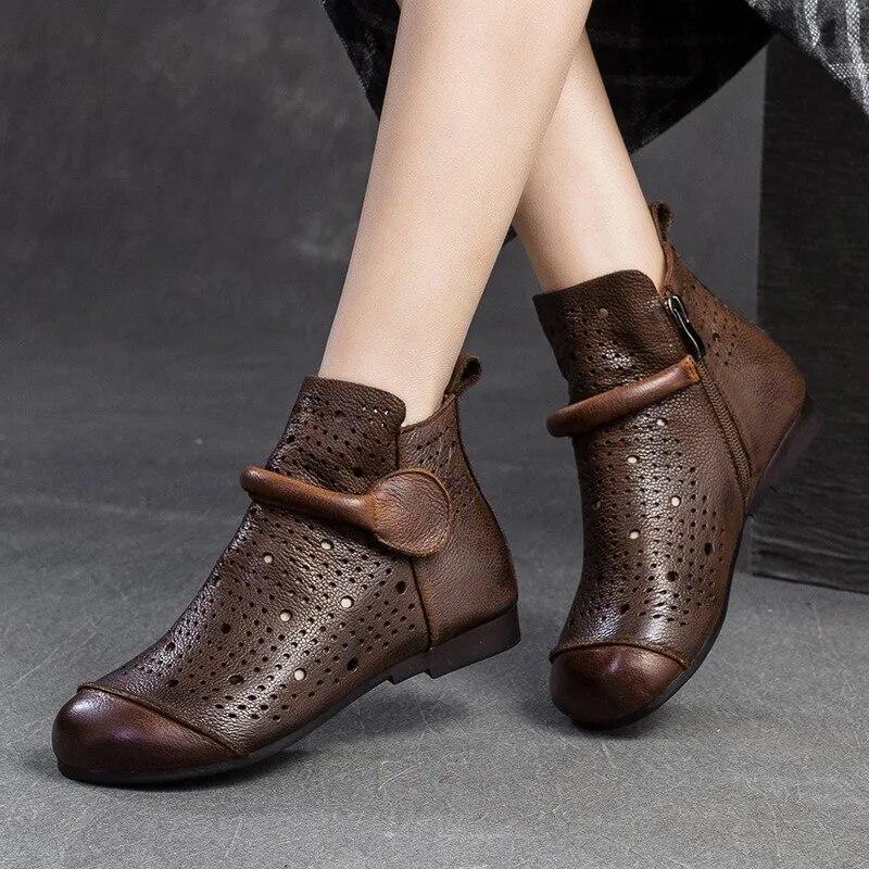 Johnature Genuine Leather Hollow-out Boots Retro Round Toe Breathable Sandals Versatile Women Flat Shoes
