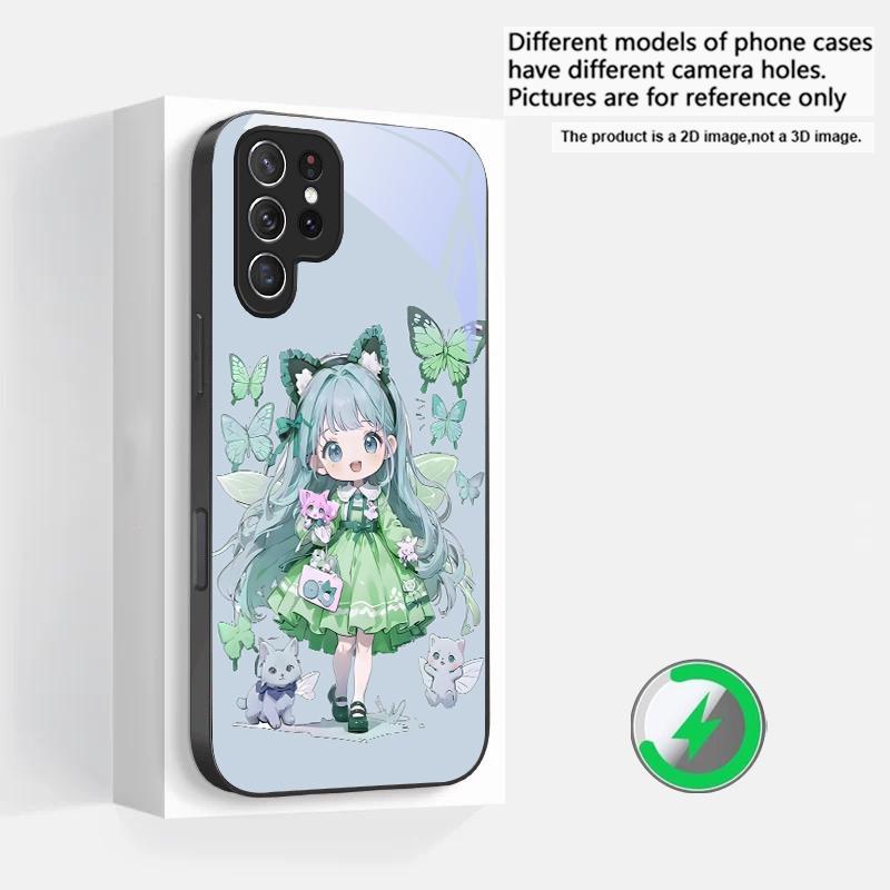Q-версия Синяя Бабочка Подходит для Samsung Galaxy S25 Ultra S20 FE S21 S22+ S23 Plus S24 S26 Edge Магнитное Стекло Чехол для Телефона