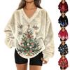 Women's Fashion Casual Long Sleeve Christmas Printed V-Neck Top Sweatshirt