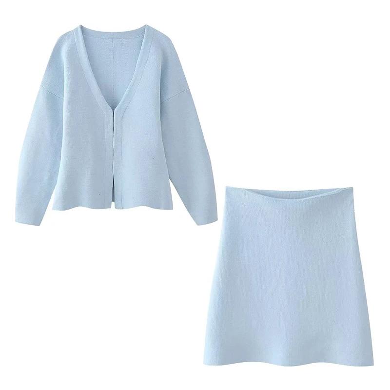 Модные трикотажные юбки для женщин, элегантные топы с V-образным вырезом и рукавами-фонариками, комплект мини-юбок для уличной леди