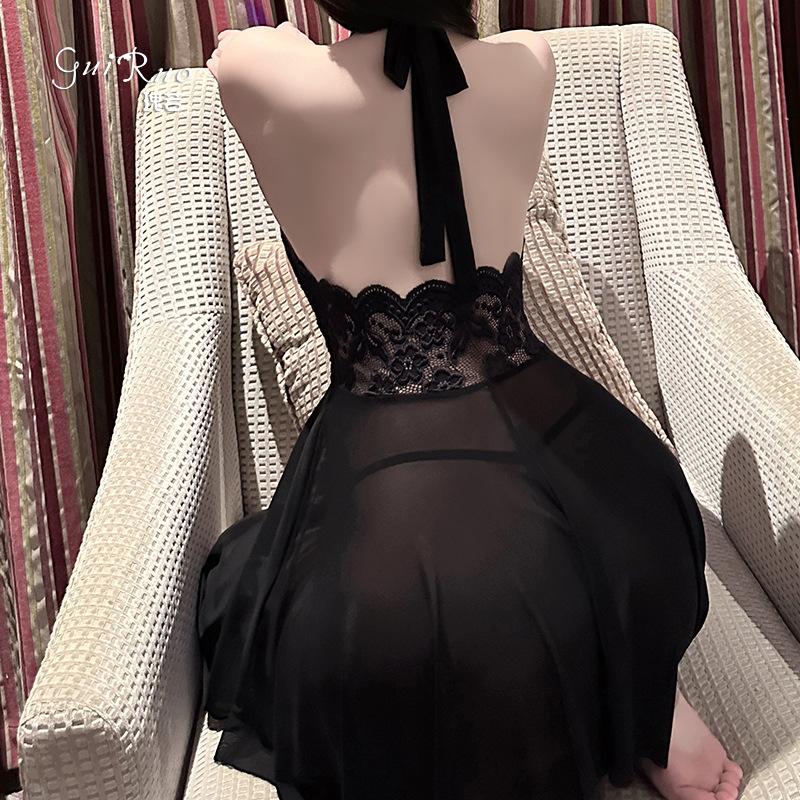 Women's Plus Size Lace Sheer Lace Up Backless Cami Sleep Dress Costume Set