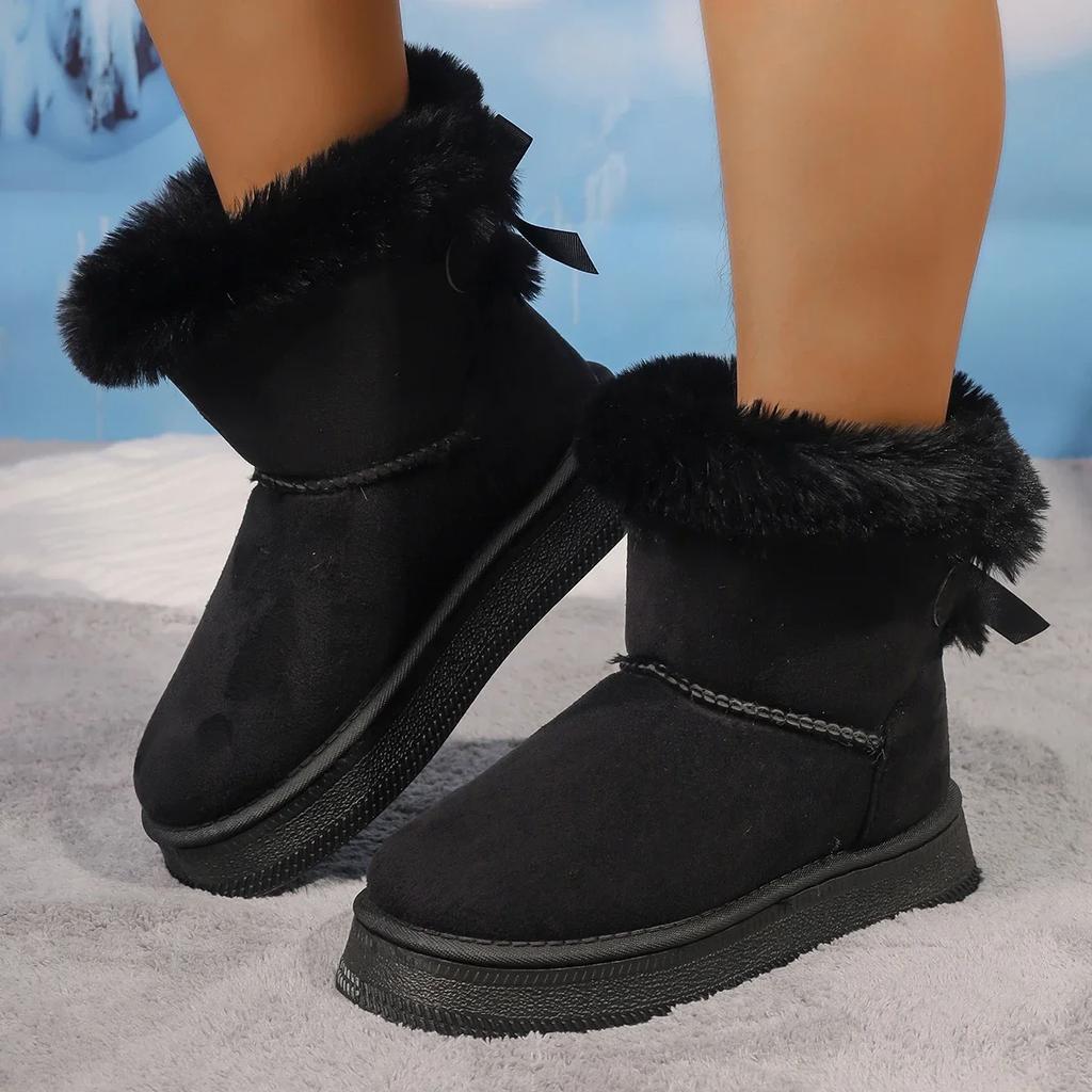 Fashion Thick Soled Snow Boots for Women, 2025 New Winter with Plush Insulation, Butterfly Knot Casual Oversized Cotton Shoes for Women