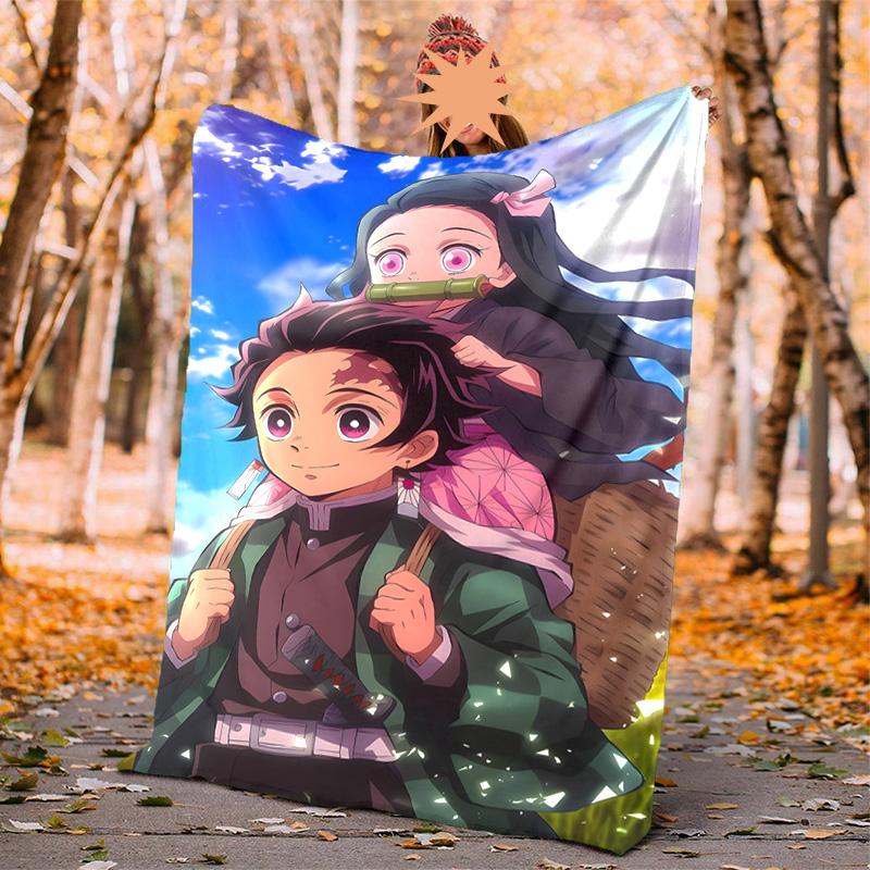 Tanjirou Nezuko Flannel Blanket Soft Warm All-Season Throw, Design for Camping, Car Travel, Hiking Sofa, Bed, Office Perfect Gift for Parties
