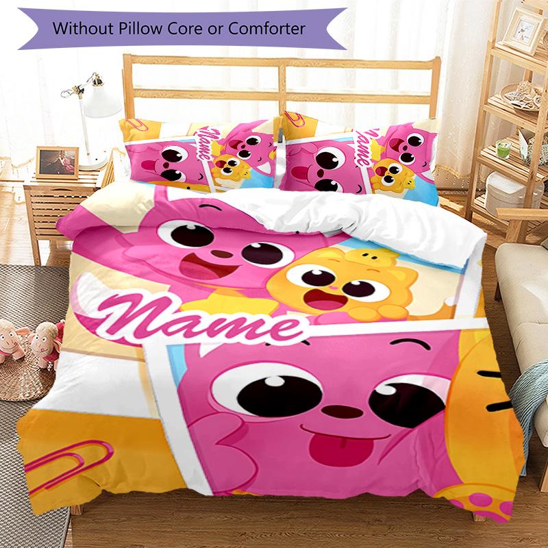 3pcs Pinkfong Shark5 Cover Set - Personalized Name, HD Printed Bedding with 1 Cover and 2 Pillowcases - Perfect for Home Decor, Easy Care