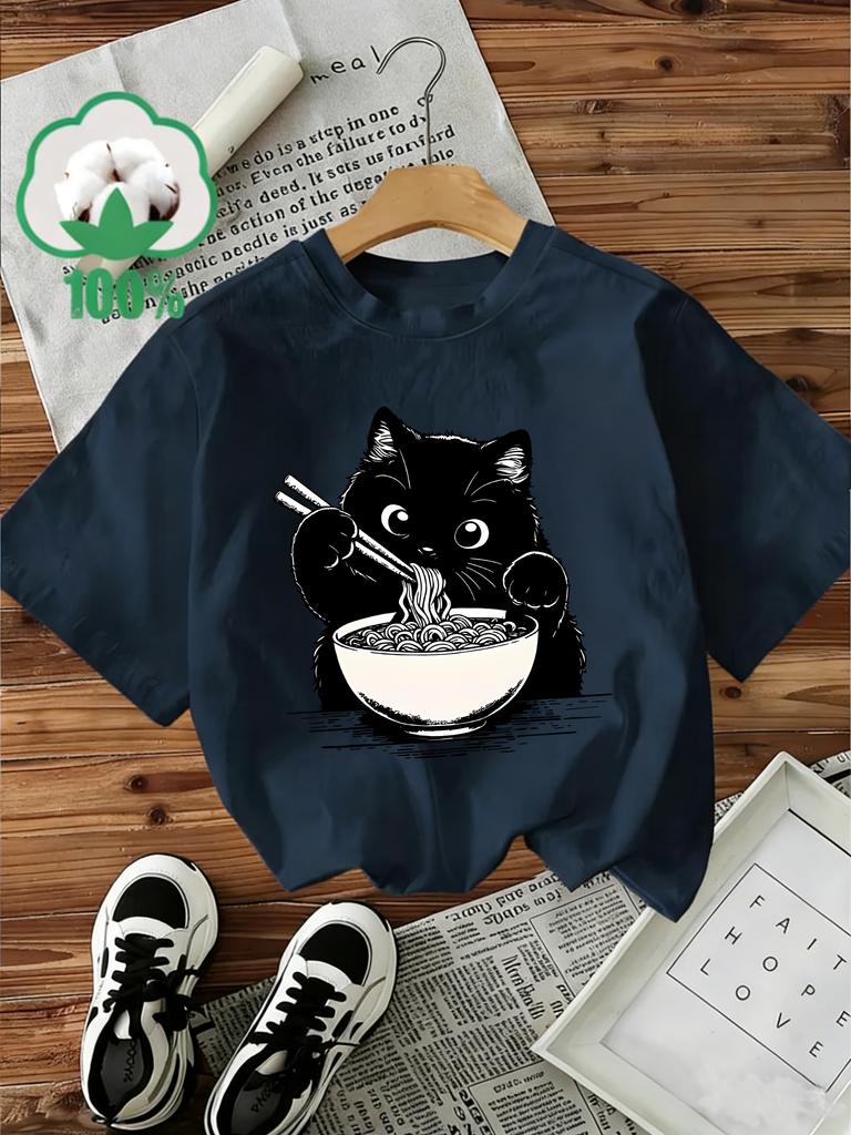 Cotton TShirt Womens Japanese Style Noodle RaUnisex Cat TShirt Graphic Short Sleeve Crew Neck Top Shirt Casual
